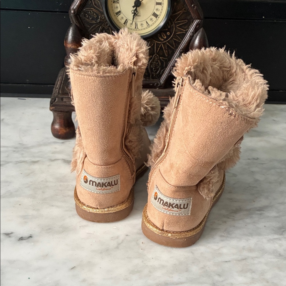 Cozy Tan Kids Boots with Pom Poms - Picture 4 of 11